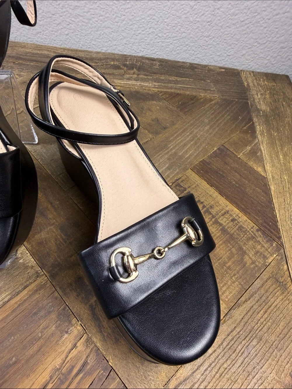 Size 6 ZBY Black Platform Sandals with Gold Bit Accent
